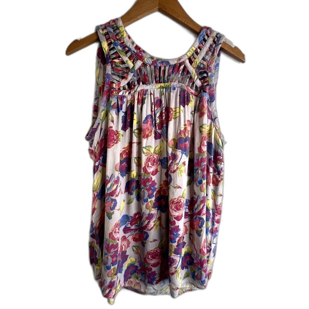 Ranna Gill Colorful Floral Ladder Cutout Detail Tank Top Size Small